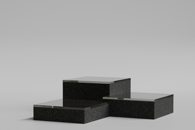 Foto podium o pedestal en triple con combinación de mármol negro y vidrio para la presentación de productos