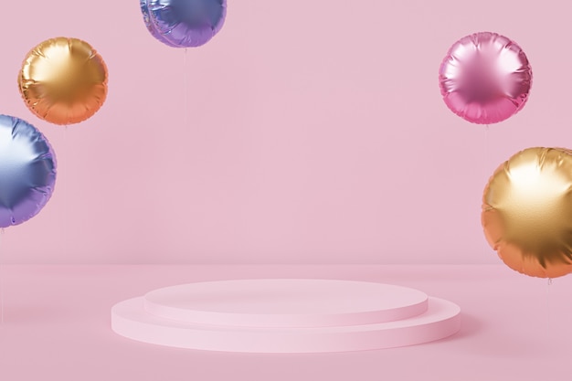 Podium oder Sockel für Produkte mit glänzenden Ballons auf rosafarbenem Pastellhintergrund, 3D-Rendering