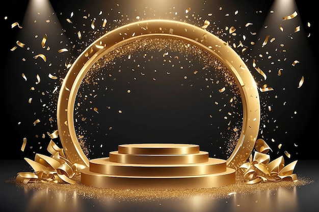 Podium de oro 3D y confeti cayendo fondo vectorial del ganador El escenario del premio para la ceremonia de introducción