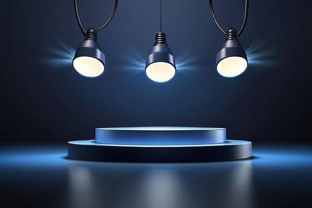 Podium oscuro cuadrado para la presentación de productos con lámparas voladoras en línea alrededor
