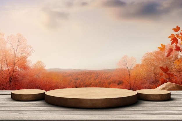 Podium de otoño con piedras zen como fondo para la presentación de productos en la naturaleza contra el cielo