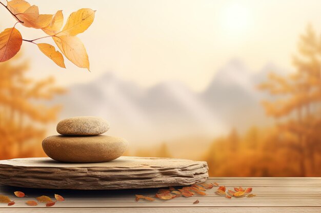 Podium de otoño con piedras zen como fondo para la presentación de productos en la naturaleza contra el cielo