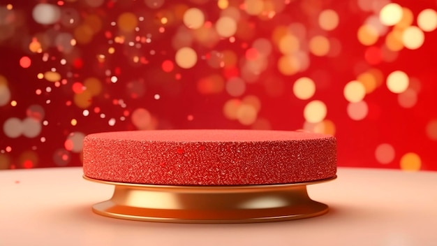 Podium oval de textura vermelha festiva em um suporte dourado