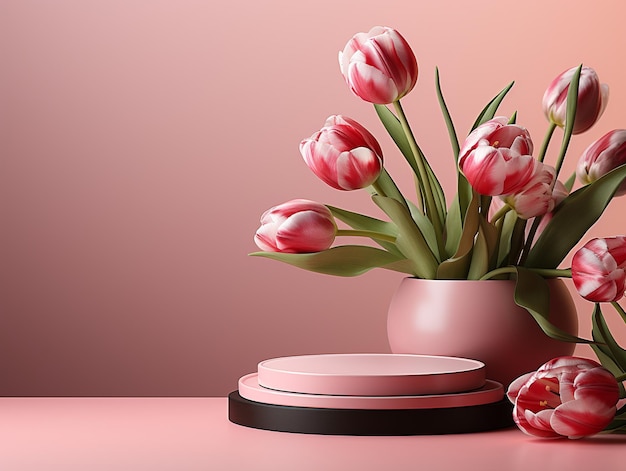 Podium para exibição de marca de produtos cosméticos em fundo rosa com flor de tulipa para decoração