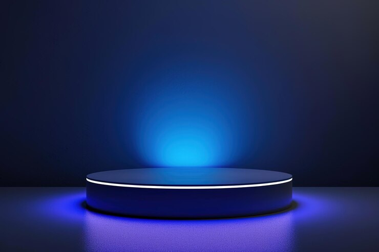 Podium de pedestal de cilindro azul oscuro de 3d con blanco y luz de neón