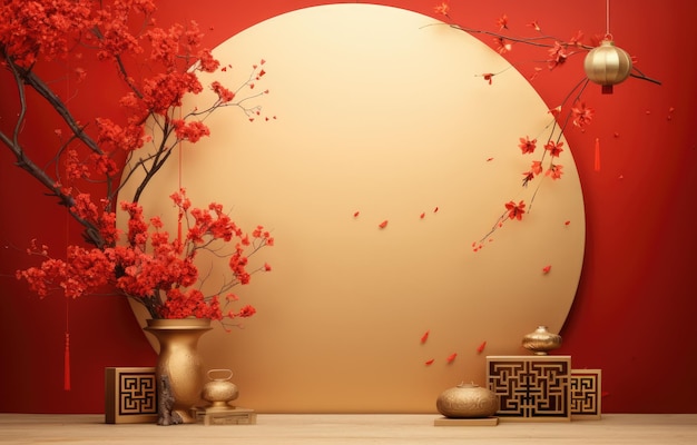Podium Pedestal desktop de palco redondo para maquete de produto com fundo de festivais chineses Flor do Festival de Meio Outono e elementos asiáticos em fundo