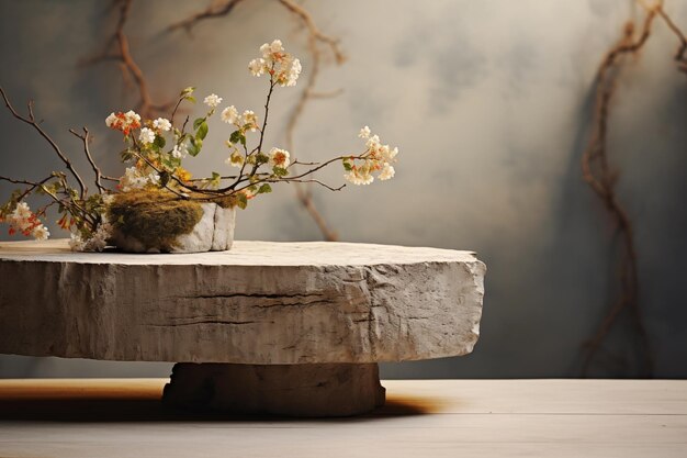 Podium de piedra para la exhibición de productos sobre un fondo gris con luces, sombras y flores de cerezo