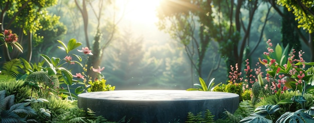 Podium de piedra en medio de un jardín exuberante para la exhibición de productos naturales