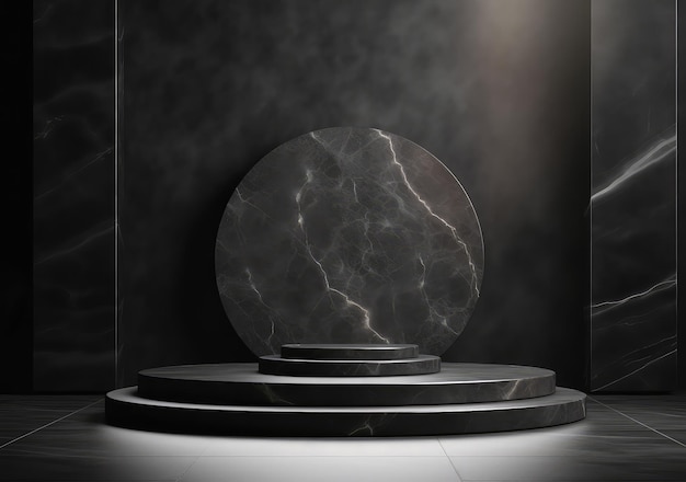 Podium de piedra natural de lujo para mostrar embalajes y productos en espacio de copia de fondo negro AI Generative