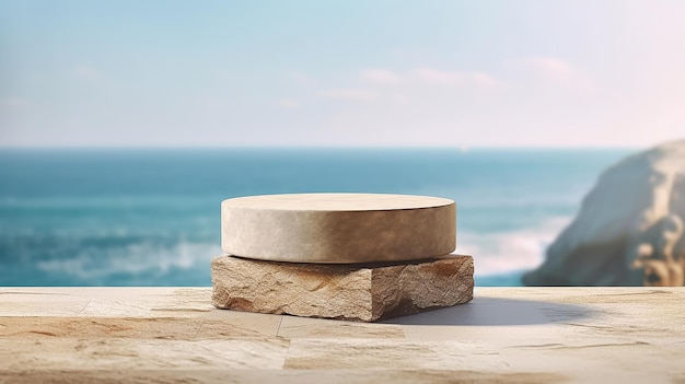 Podium de piedra en la naturaleza para la exhibición de productos vista del paisaje en el fondo