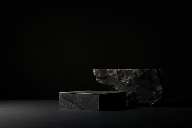 Podium de piedra oscura para la colocación de productos sobre fondo negro