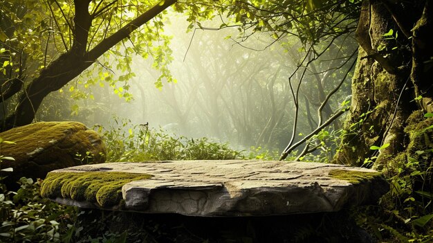 Podium de piedra plana en el bosque mágico vacío de pie redondo de fondo Generativo Ai