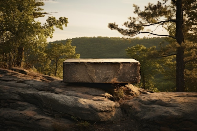 Podium de piedra en plataforma de roca con bosque y horizonte de fondo