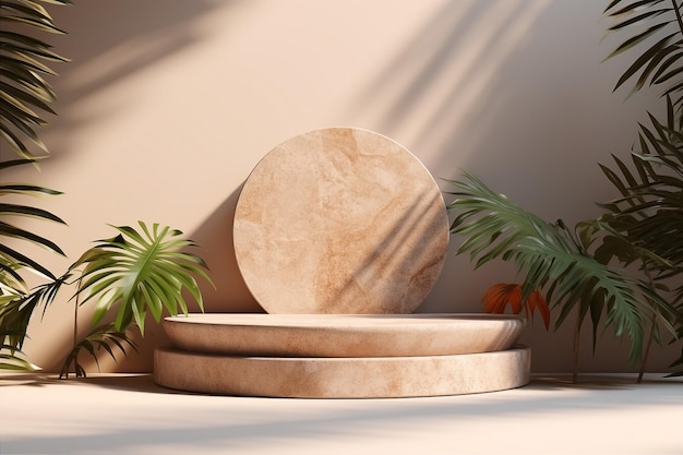 Podium de piedra terrazzo con hojas de palma para la exhibición de productos Sombras del sol en el fondo IA generativa