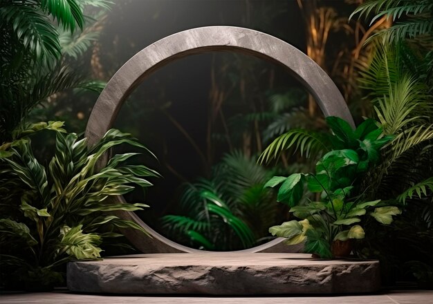 Foto podium de piedra vacío en el fondo del bosque tropical montaje de exhibición de productos ai generado