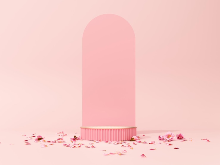 Podium premium en fondo rosa Tarjeta de felicitación de vacaciones para el Día de San Valentín 3d render