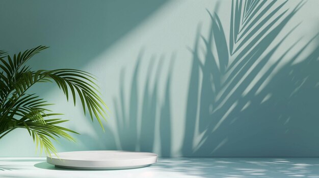 Podium de primera calidad con una sombra de hojas de palma tropical en una pared azul y una mesa blanca
