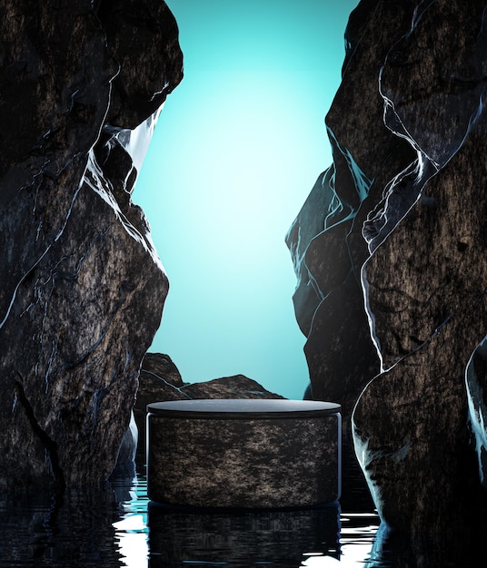 Podium Product Display Stone Cliff Rock Landschaft 3D Render Blue Light