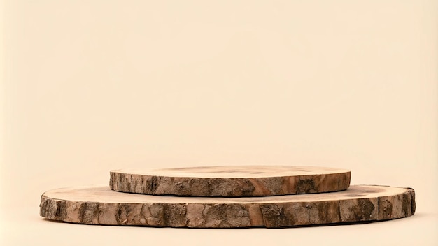 Podium de productos 3D de madera redondo con hoja verde