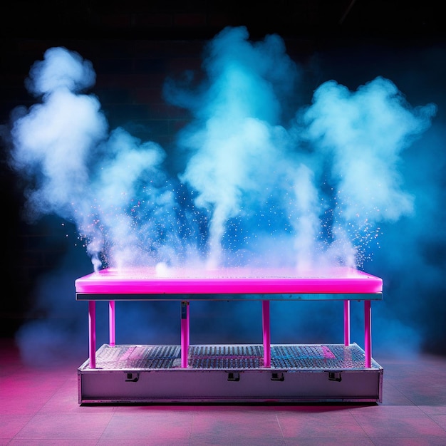 Podium de productos de exhibición oscuro vacío con flotación de humo y fondo de luz de neón