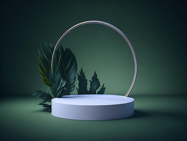 Podium-Produkt-Hintergrund-Display 3D-Mockup mit tropischen Palmblättern und goldenem Bogen