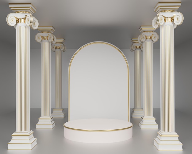 Podium para la publicidad de un producto con columnas iónicas en un estilo clásico en tonos blancos y dorados