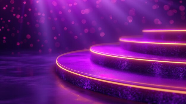 Podium púrpura con líneas brillantes y confeti
