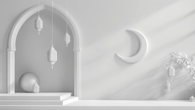 Foto podium ramadan islamischer hintergrund mit weißer laterne und halbmond, der auf dem weißen hintergrund hängt