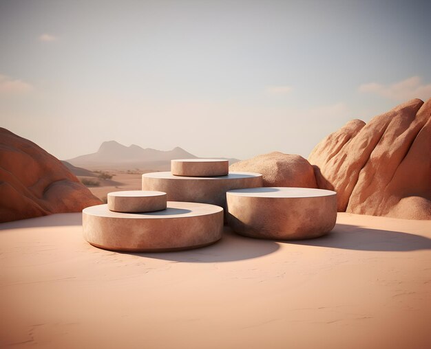 Podium redondo de pedra e produto de exibição de pedestal no deserto com ilustração de renderização 3D de montanha rochosa