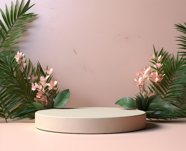 Podium redondo e pedestal para apresentação de produtos em flores, folhas e plantas de árvores na natureza