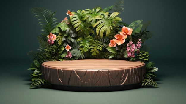 Podium redondo de madera con flores tropicales