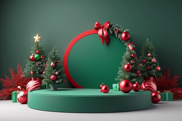 Podium redondo verde vacío con decoraciones navideñas caña de caramelo de árbol de Navidad y bolas rojas maquillaje de renderización 3D