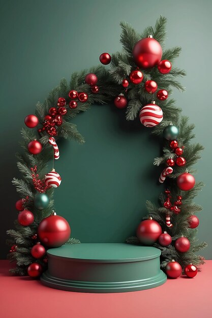 Podium redondo verde vacío con decoraciones navideñas caña de caramelo de árbol de Navidad y bolas rojas maquillaje de renderización 3D