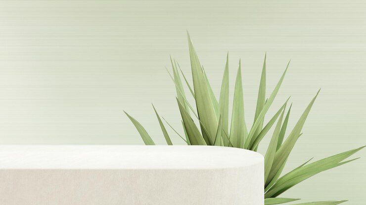 Podium de renderizado 3D en fondo verde con hojas tropicales de plantas