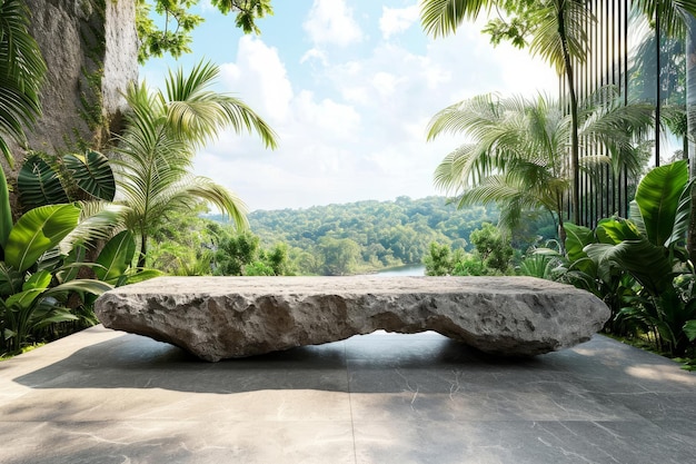 Foto podium de roca en el bosque tropical para la presentación de productos detrás hay una vista del cielo en 3d