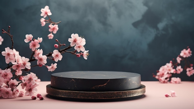 Podium de roca vacía con ramas de Sakura en flor contra el fondo de la naturaleza Hecho de natural