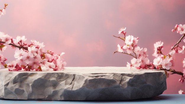 Podium de roca vacía con ramas de Sakura en flor contra el fondo de la naturaleza Hecho de natural