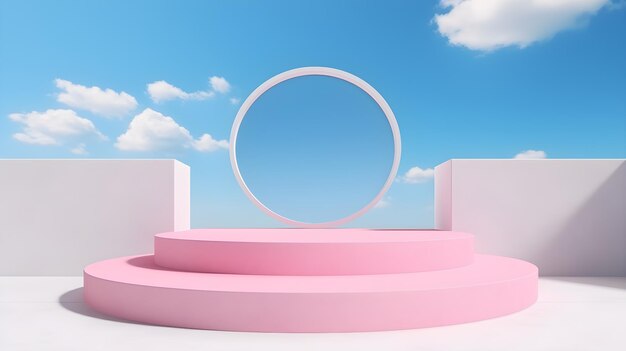 Podium rosa para la colocación de productos en un fondo de cielo y océano renderizado en 3D