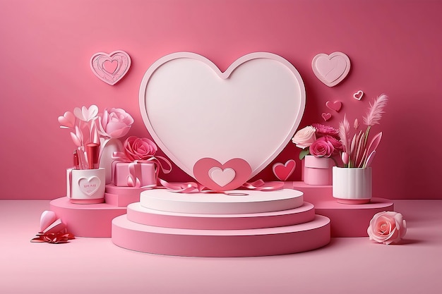 Podium rosa muestra productos de fondo para el día de San Valentín en el amor plataforma para mostrar cosméticos con símbolos de estilo artesanal de amor para el diseño vectorial feliz