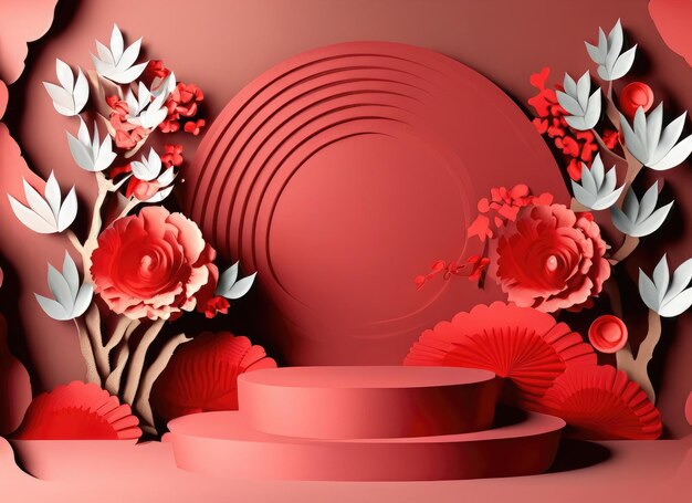 Podium runde Bühne Podium und Papierkunst Chinesisches Neujahr Chinesische Feste Mitte Herbst Festival rotes Papier geschnitten KI generiert