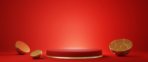 Podium, Sockel oder Plattform, Hintergrund für die Präsentation von Kosmetikprodukten. Platz für Anzeigen. Rote Bühnengeometrie des 3D-Renderings mit Gold. Produktpräsentation leeres Podium.