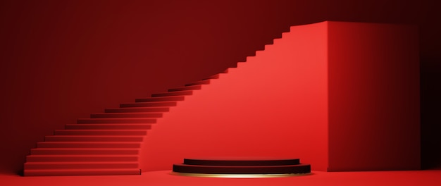 Podium, Sockel oder Plattform, Hintergrund für die Präsentation von Kosmetikprodukten. Platz für Anzeigen. Rote Bühnengeometrie des 3D-Renderings mit Gold. Produktpräsentation leeres Podium.
