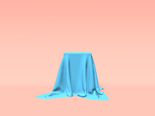 Podium, Sockel oder Plattform mit blauem Stoff auf rosa Hintergrund bedeckt. Abstrakte Darstellung einfacher geometrischer Formen. 3D-Rendering.