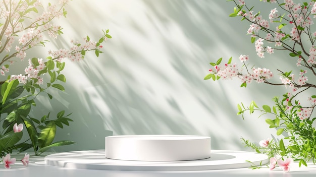 Podium con tema de primavera con arreglo floral y luz suave para la exhibición de productos