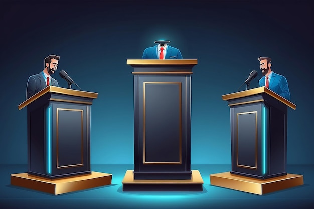 Podium Tribune Set Vector Debate Podium Rostrum Stand con micrófonos También se puede usar para debates.