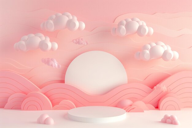 Foto podium und minimale weiße produktausstellung mit rosa wolken und himmel als hintergrund