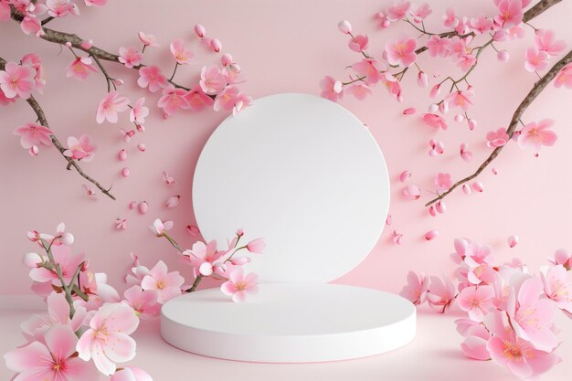 Foto podium und minimale weiße produktausstellung mit sakura-blumenschatten und rosa hintergrund