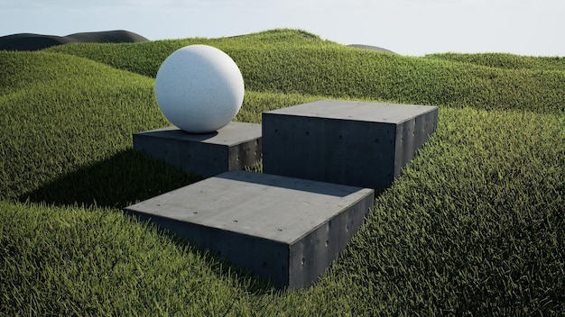 Podium unter einem mit Gras bedeckten Feld unter einem schönen sonnigen Himmel 3D-Rendering