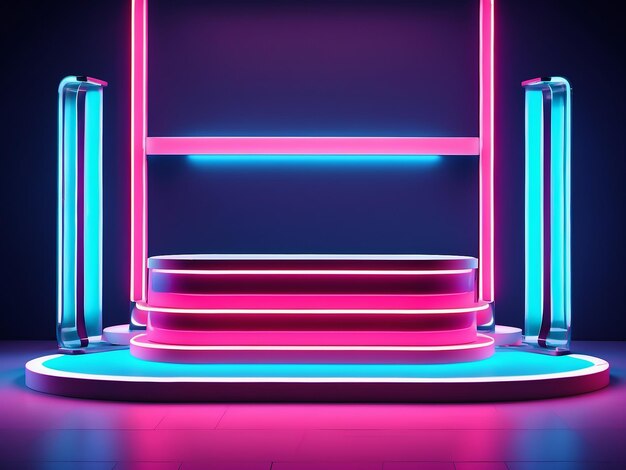 Foto podium vacío con luces de neón para publicidad de colocación de productos