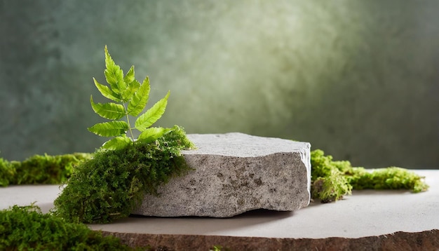 Podium vacío de piedra gris con musgo y planta verde para publicidad de cosméticos naturales Pedestal abstracto